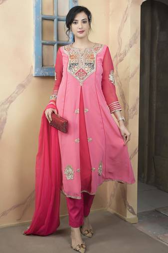 Light-pink embroidered georgette asymmetrical  trouser kurta dupatta readymade suits