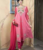 Light-pink embroidered georgette asymmetrical  trouser kurta dupatta readymade suits