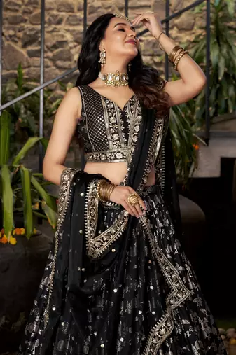 BLACK DOLA SILK SEQUINS ZARI EMBROIDERED LEHENGA CHOLI