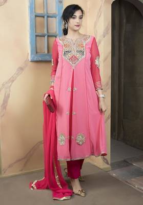 Light-pink embroidered georgette asymmetrical  trouser kurta dupatta readymade suits 2