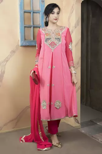 Light-pink embroidered georgette asymmetrical  trouser kurta dupatta readymade suits