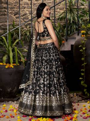 BLACK DOLA SILK SEQUINS ZARI EMBROIDERED LEHENGA CHOLI 4