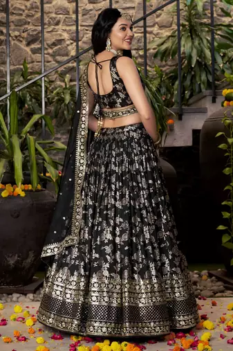 BLACK DOLA SILK SEQUINS ZARI EMBROIDERED LEHENGA CHOLI