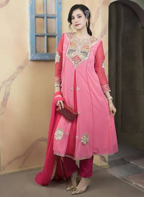 Light-pink embroidered georgette asymmetrical  trouser kurta dupatta readymade suits 3