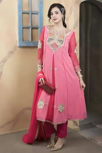 Light-pink embroidered georgette asymmetrical  trouser kurta dupatta readymade suits
