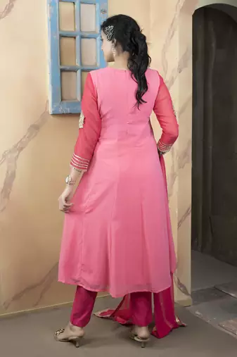 Light-pink embroidered georgette asymmetrical  trouser kurta dupatta readymade suits
