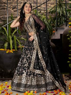 BLACK DOLA SILK SEQUINS ZARI EMBROIDERED LEHENGA CHOLI 5