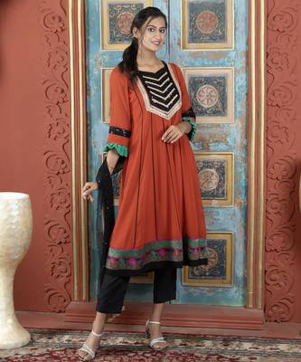 Brown embroidered georgette anarkali trouser kurta dupatta readymade suits 1