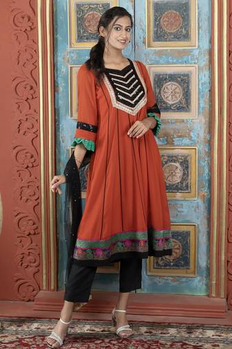 Brown embroidered georgette anarkali trouser kurta dupatta readymade suits