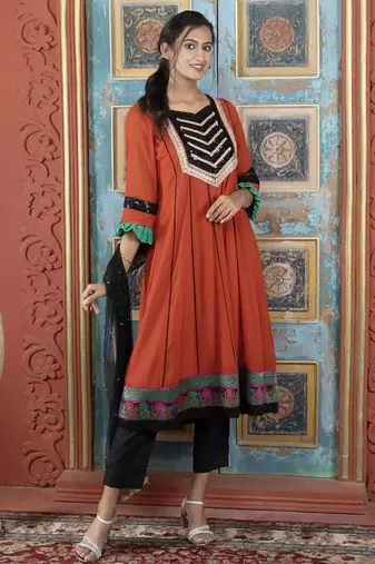 Brown embroidered georgette anarkali trouser kurta dupatta readymade suits