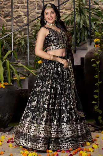 BLACK DOLA SILK SEQUINS ZARI EMBROIDERED LEHENGA CHOLI