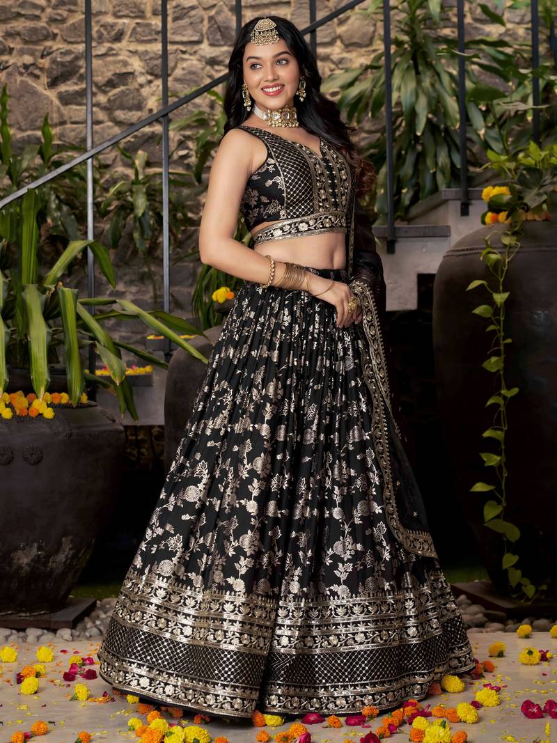 BLACK DOLA SILK SEQUINS ZARI EMBROIDERED LEHENGA CHOLI