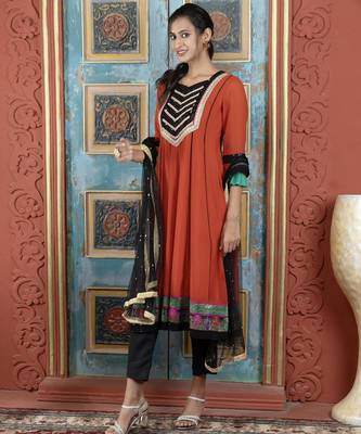 Brown embroidered georgette anarkali trouser kurta dupatta readymade suits 2
