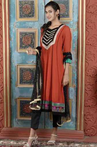 Brown embroidered georgette anarkali trouser kurta dupatta readymade suits