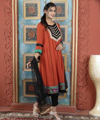 Brown embroidered georgette anarkali trouser kurta dupatta readymade suits 3