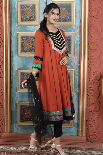 Brown embroidered georgette anarkali trouser kurta dupatta readymade suits