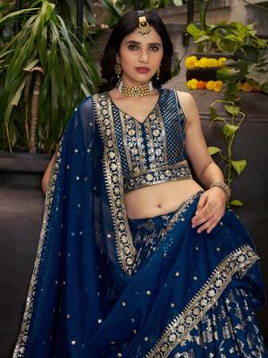 DOVE BLUE DOLA SILK SEQUINS ZARI EMBROIDERED LEHENGA CHOLI 3