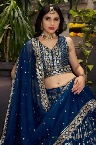 DOVE BLUE DOLA SILK SEQUINS ZARI EMBROIDERED LEHENGA CHOLI