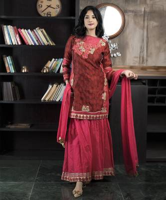 Maroon embroidered silk straight cut sharara kurta dupatta readymade suits 1