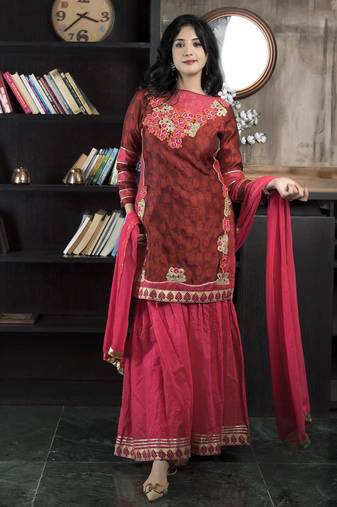 Maroon embroidered silk straight cut sharara kurta dupatta readymade suits
