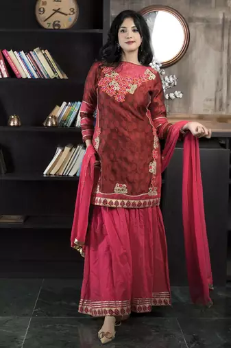 Maroon embroidered silk straight cut sharara kurta dupatta readymade suits