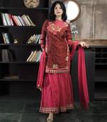 Maroon embroidered silk straight cut sharara kurta dupatta readymade suits