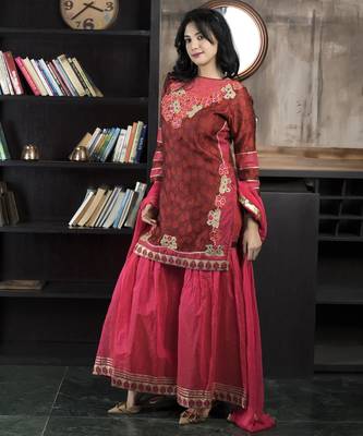 Maroon embroidered silk straight cut sharara kurta dupatta readymade suits 2