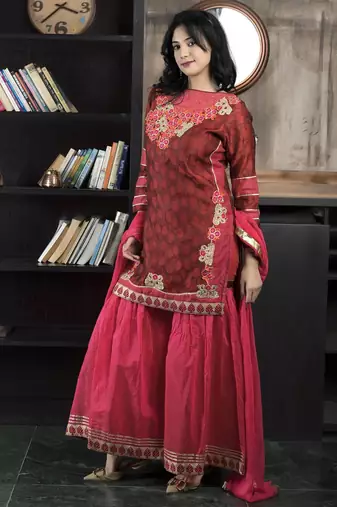 Maroon embroidered silk straight cut sharara kurta dupatta readymade suits