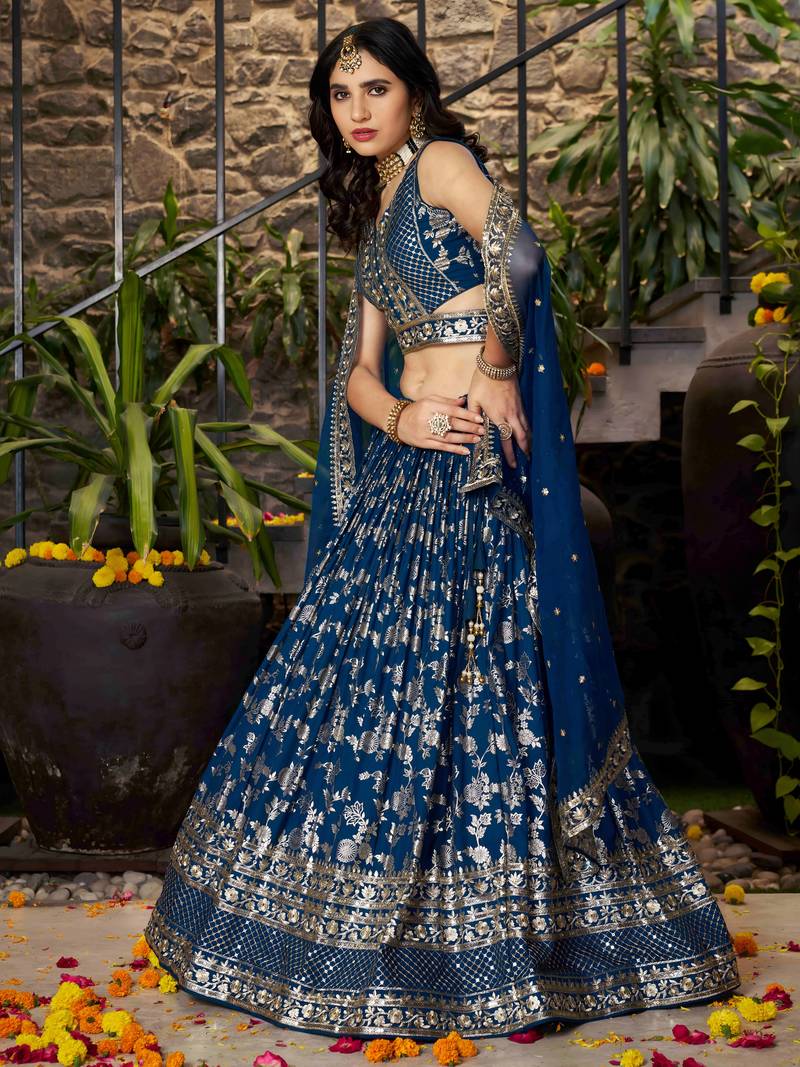 DOVE BLUE DOLA SILK SEQUINS ZARI EMBROIDERED LEHENGA CHOLI