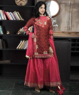 Maroon embroidered silk straight cut sharara kurta dupatta readymade suits 3