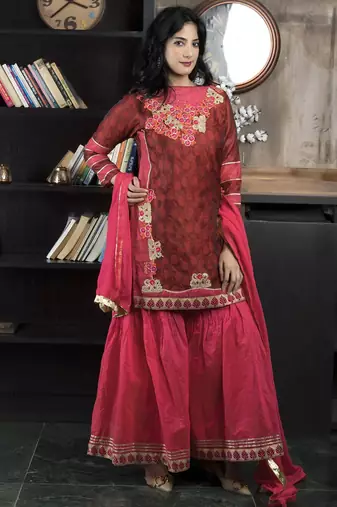 Maroon embroidered silk straight cut sharara kurta dupatta readymade suits