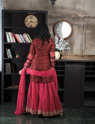 Maroon embroidered silk straight cut sharara kurta dupatta readymade suits 4