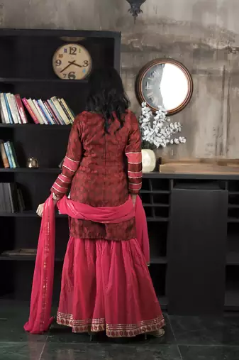 Maroon embroidered silk straight cut sharara kurta dupatta readymade suits