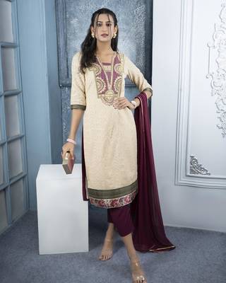 Beige embroidered silk straight cut trouser kurta dupatta readymade suits 1