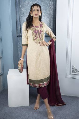 Beige embroidered silk straight cut trouser kurta dupatta readymade suits