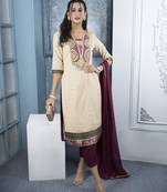 Beige embroidered silk straight cut trouser kurta dupatta readymade suits