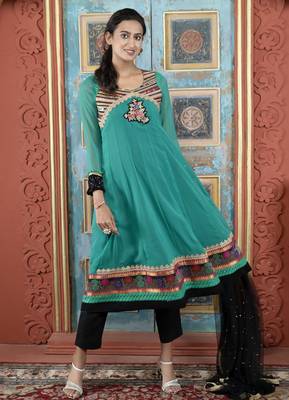 Green embroidered georgette a line trouser kurta dupatta readymade suits 1