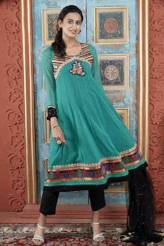 Green embroidered georgette a line trouser kurta dupatta readymade suits