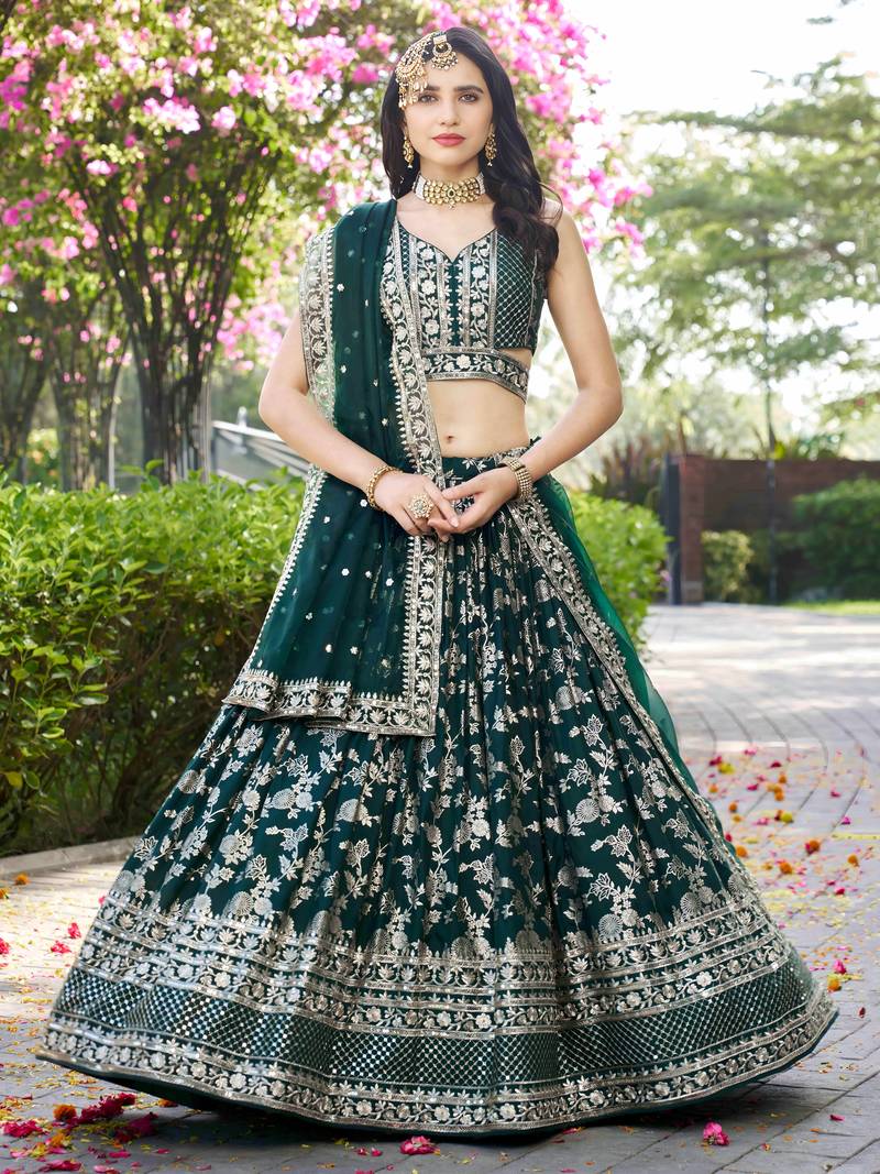 GREEN DOLA SILK SEQUINS ZARI EMBROIDERED LEHENGA CHOLI