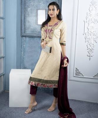 Beige embroidered silk straight cut trouser kurta dupatta readymade suits 2