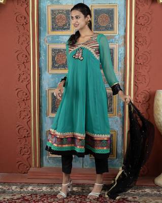 Green embroidered georgette a line trouser kurta dupatta readymade suits 2
