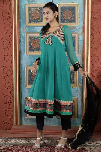 Green embroidered georgette a line trouser kurta dupatta readymade suits