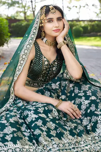 GREEN DOLA SILK SEQUINS ZARI EMBROIDERED LEHENGA CHOLI