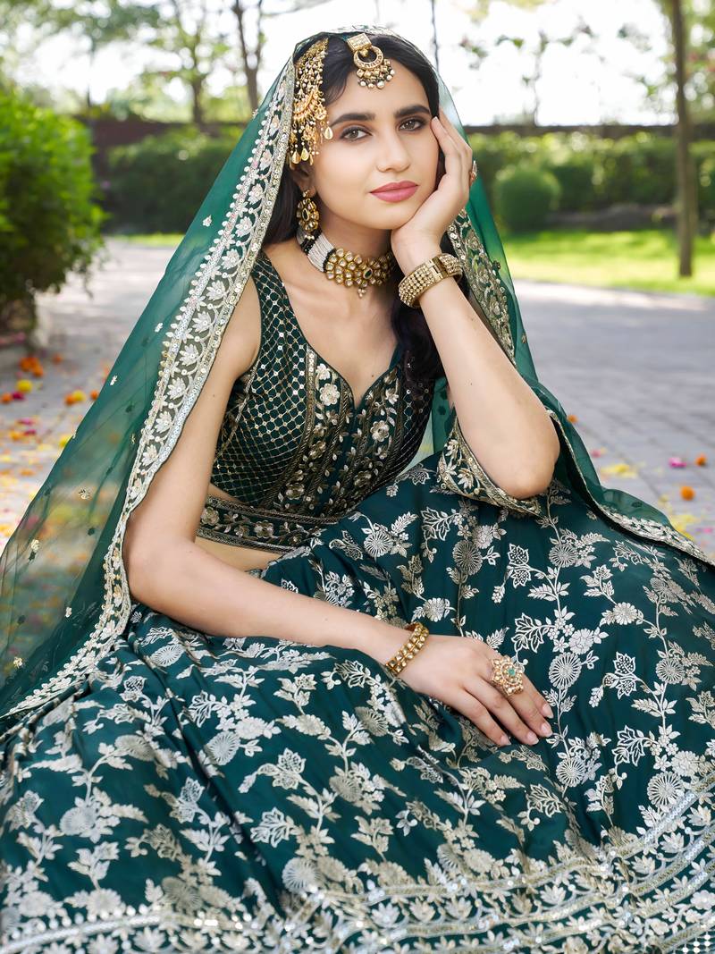 GREEN DOLA SILK SEQUINS ZARI EMBROIDERED LEHENGA CHOLI