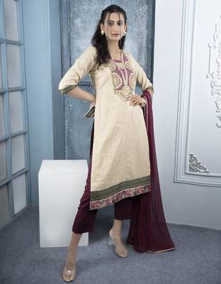 Beige embroidered silk straight cut trouser kurta dupatta readymade suits 3