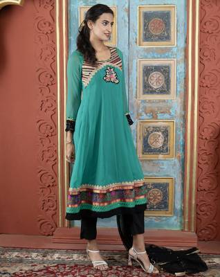 Green embroidered georgette a line trouser kurta dupatta readymade suits 3