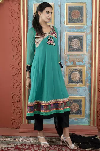 Green embroidered georgette a line trouser kurta dupatta readymade suits