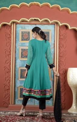 Green embroidered georgette a line trouser kurta dupatta readymade suits 4