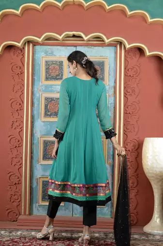 Green embroidered georgette a line trouser kurta dupatta readymade suits