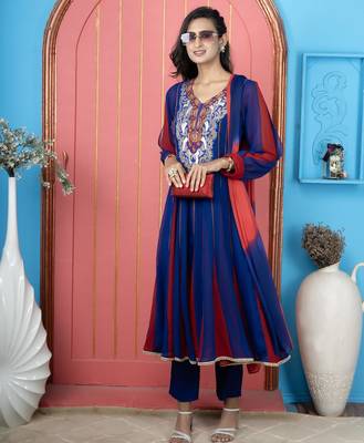 Royal-blue embroidered georgette anarkali trouser kurta dupatta readymade suits 1